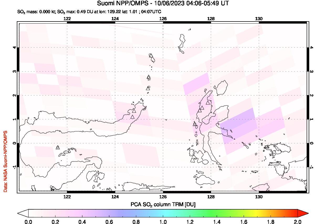 A sulfur dioxide image over Northern Sulawesi & Halmahera, Indonesia on Oct 06, 2023.