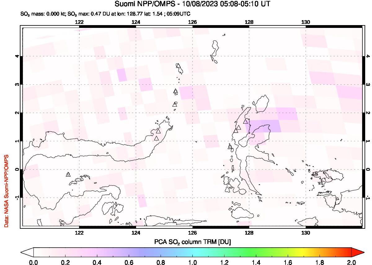 A sulfur dioxide image over Northern Sulawesi & Halmahera, Indonesia on Oct 08, 2023.