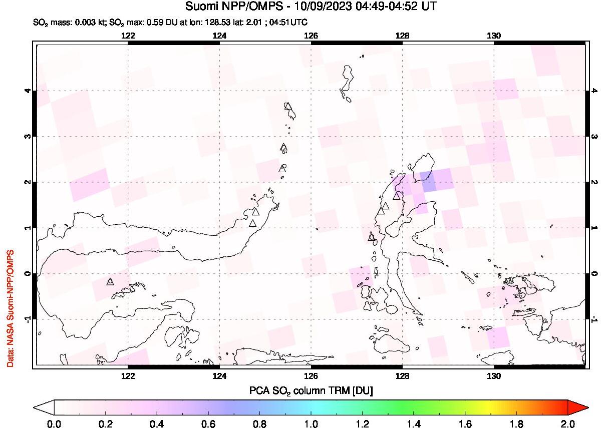 A sulfur dioxide image over Northern Sulawesi & Halmahera, Indonesia on Oct 09, 2023.