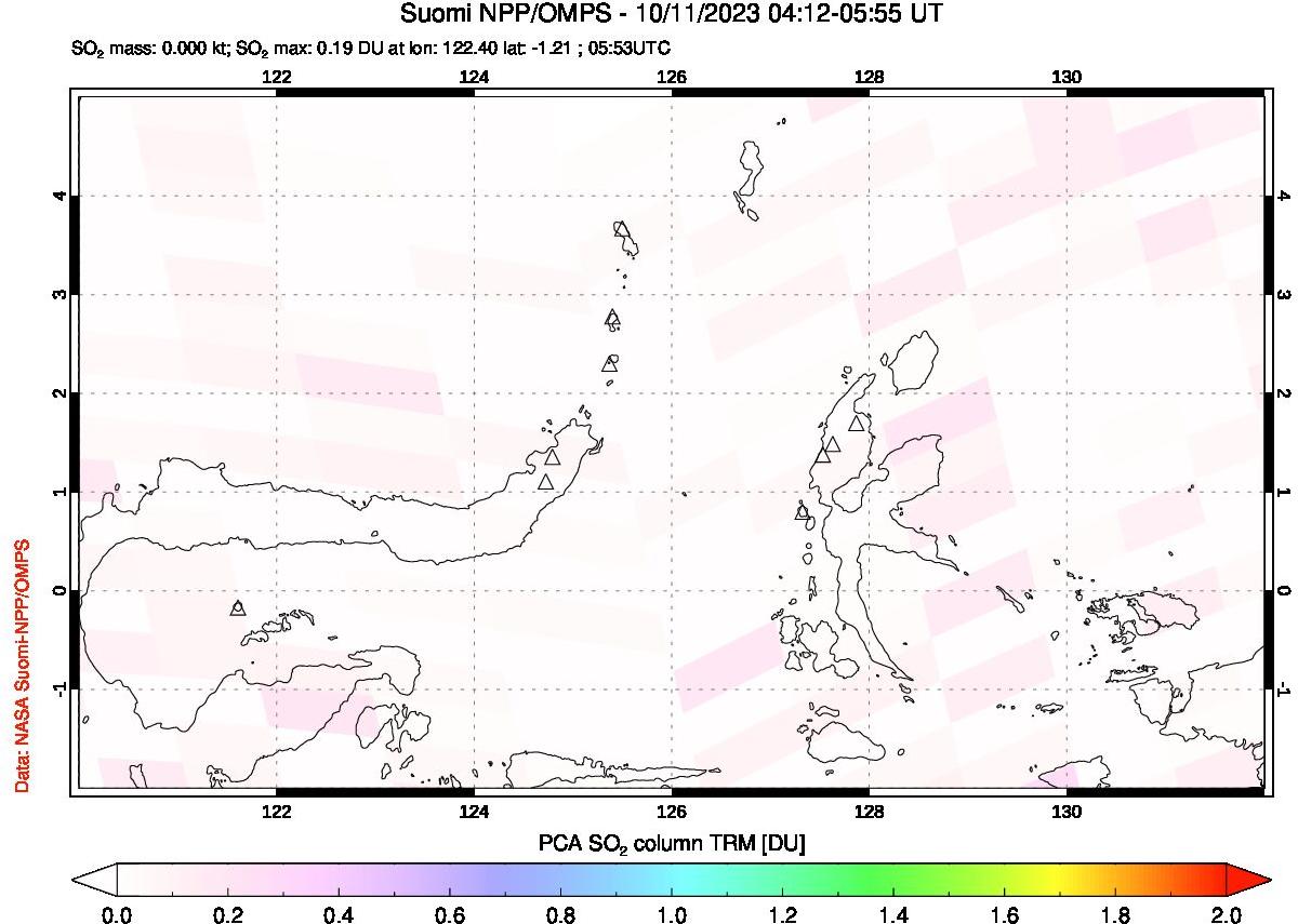 A sulfur dioxide image over Northern Sulawesi & Halmahera, Indonesia on Oct 11, 2023.