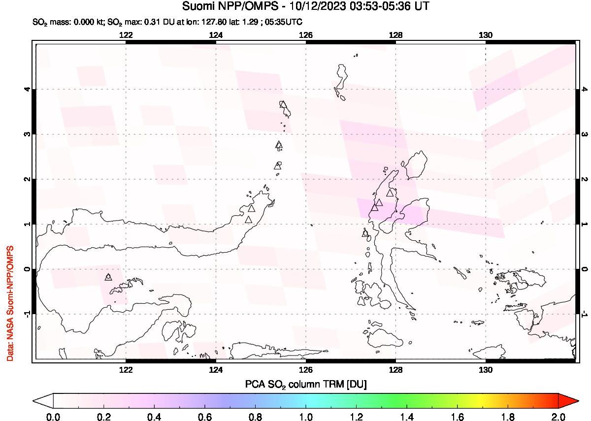 A sulfur dioxide image over Northern Sulawesi & Halmahera, Indonesia on Oct 12, 2023.