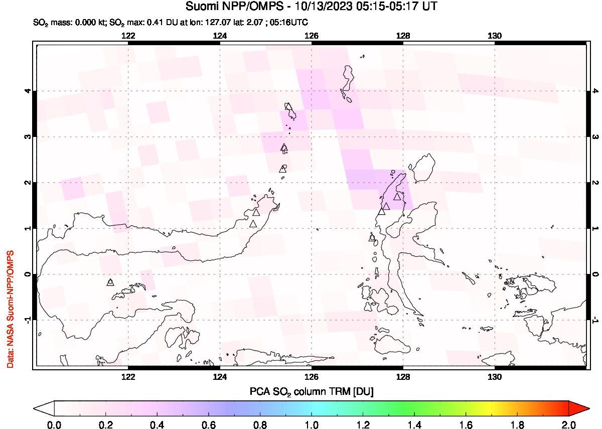 A sulfur dioxide image over Northern Sulawesi & Halmahera, Indonesia on Oct 13, 2023.