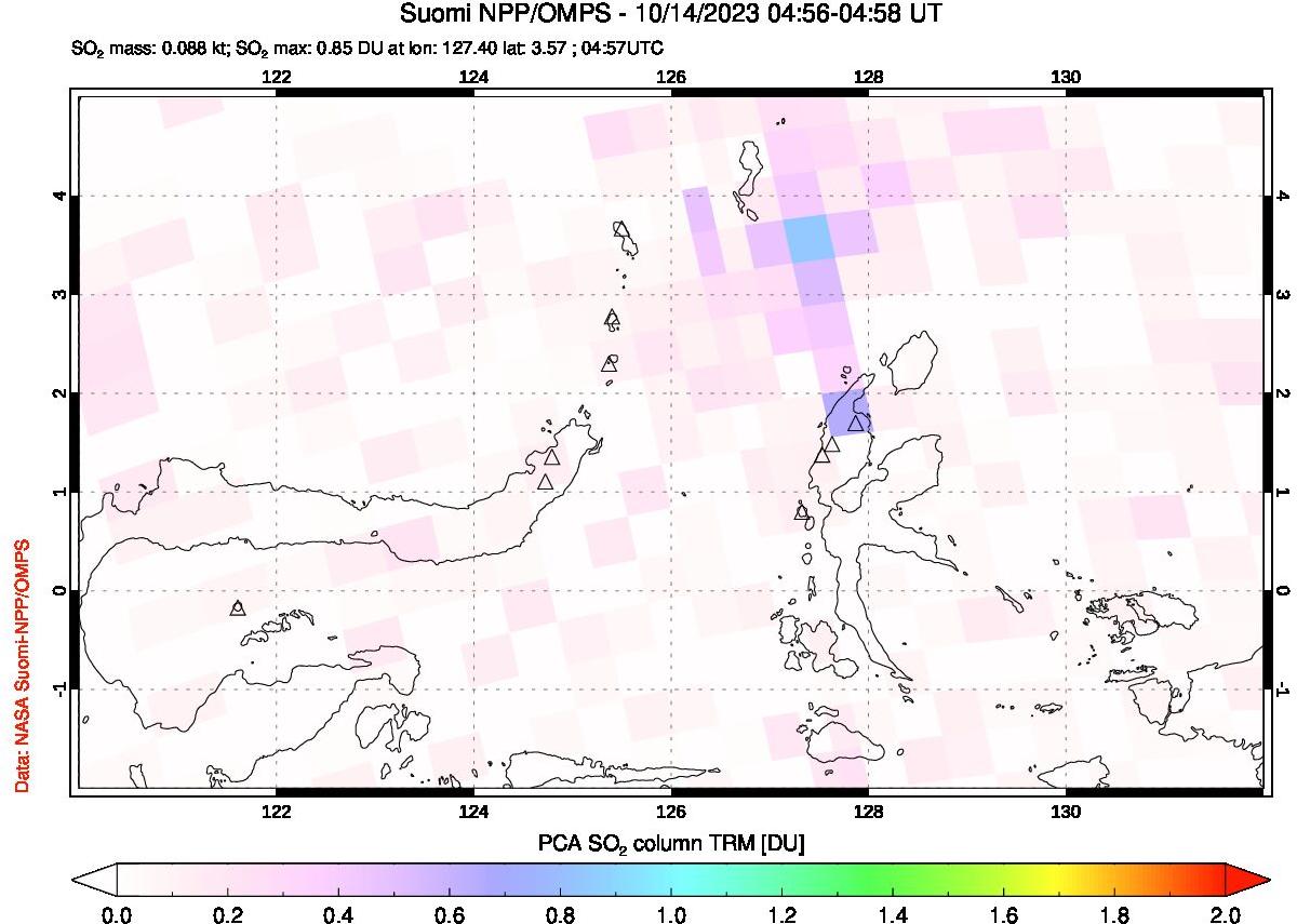 A sulfur dioxide image over Northern Sulawesi & Halmahera, Indonesia on Oct 14, 2023.