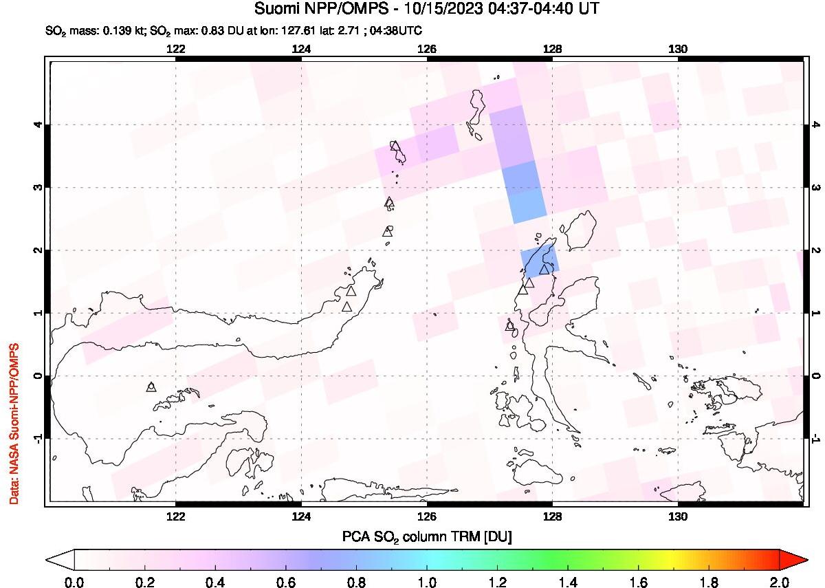 A sulfur dioxide image over Northern Sulawesi & Halmahera, Indonesia on Oct 15, 2023.