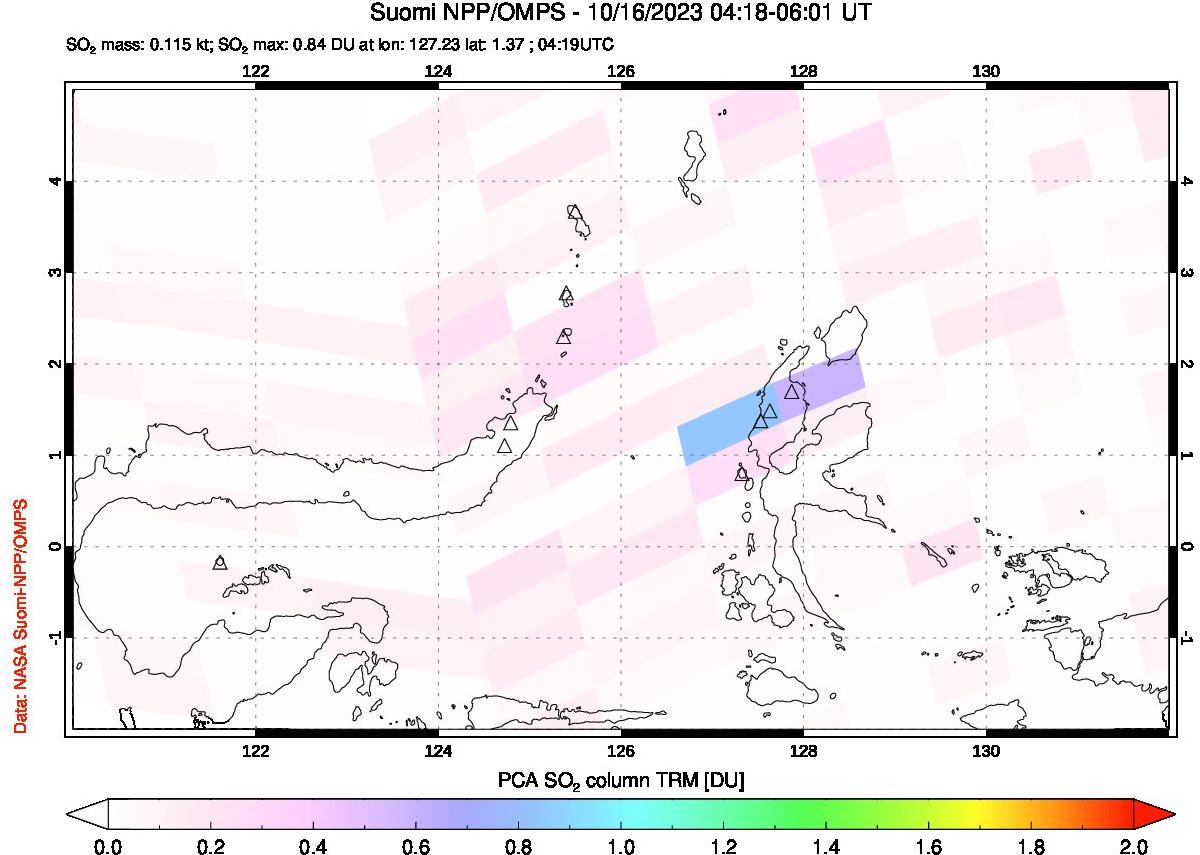 A sulfur dioxide image over Northern Sulawesi & Halmahera, Indonesia on Oct 16, 2023.