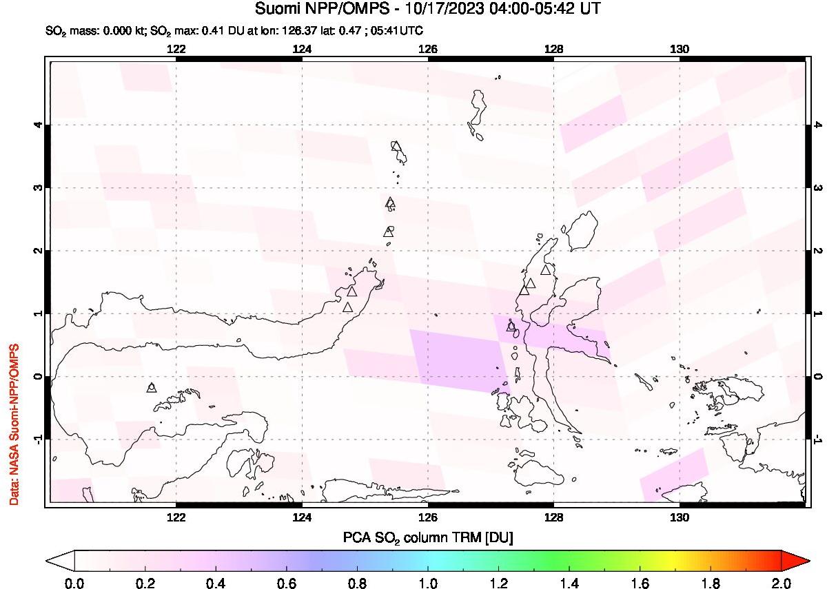 A sulfur dioxide image over Northern Sulawesi & Halmahera, Indonesia on Oct 17, 2023.