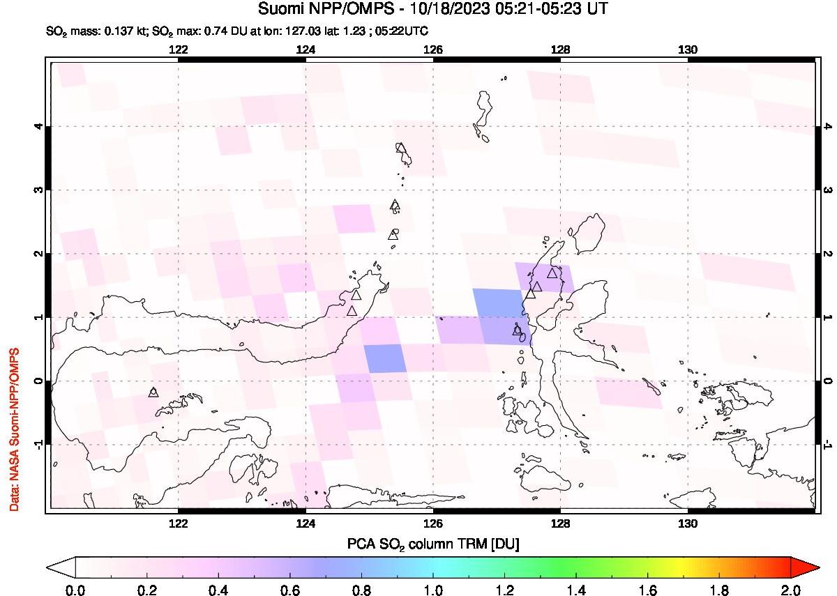 A sulfur dioxide image over Northern Sulawesi & Halmahera, Indonesia on Oct 18, 2023.