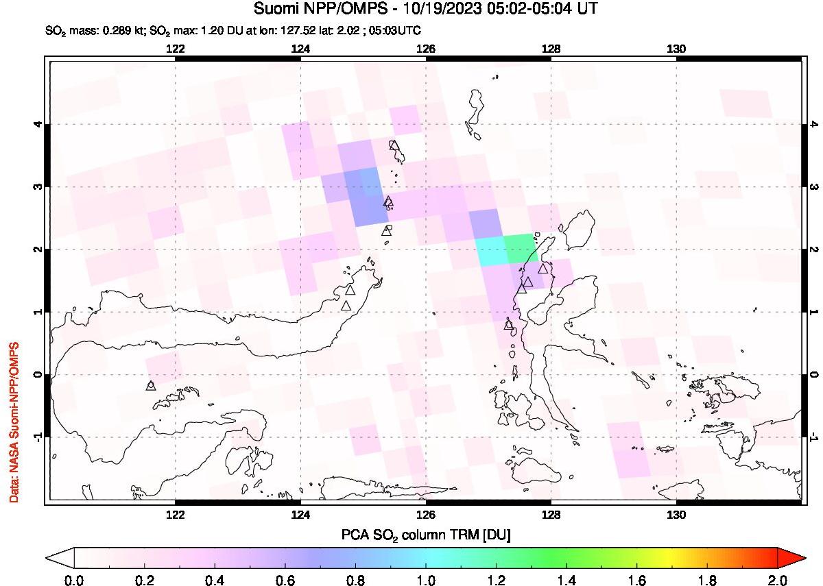 A sulfur dioxide image over Northern Sulawesi & Halmahera, Indonesia on Oct 19, 2023.