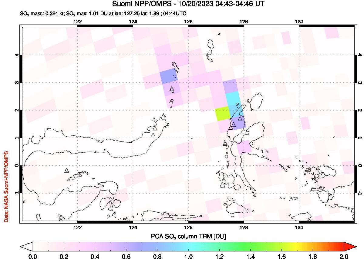 A sulfur dioxide image over Northern Sulawesi & Halmahera, Indonesia on Oct 20, 2023.