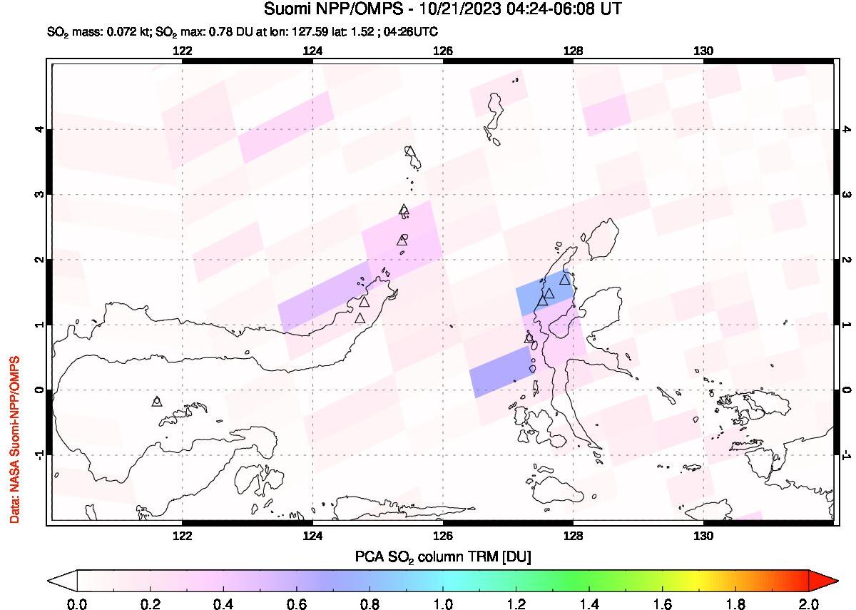 A sulfur dioxide image over Northern Sulawesi & Halmahera, Indonesia on Oct 21, 2023.