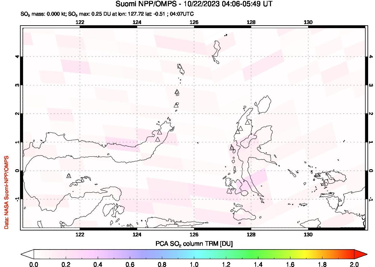 A sulfur dioxide image over Northern Sulawesi & Halmahera, Indonesia on Oct 22, 2023.