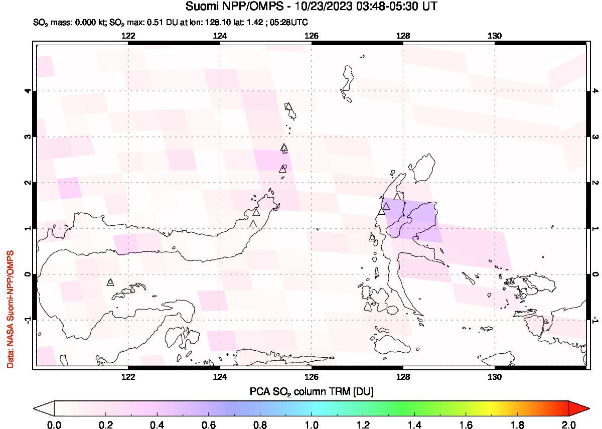 A sulfur dioxide image over Northern Sulawesi & Halmahera, Indonesia on Oct 23, 2023.