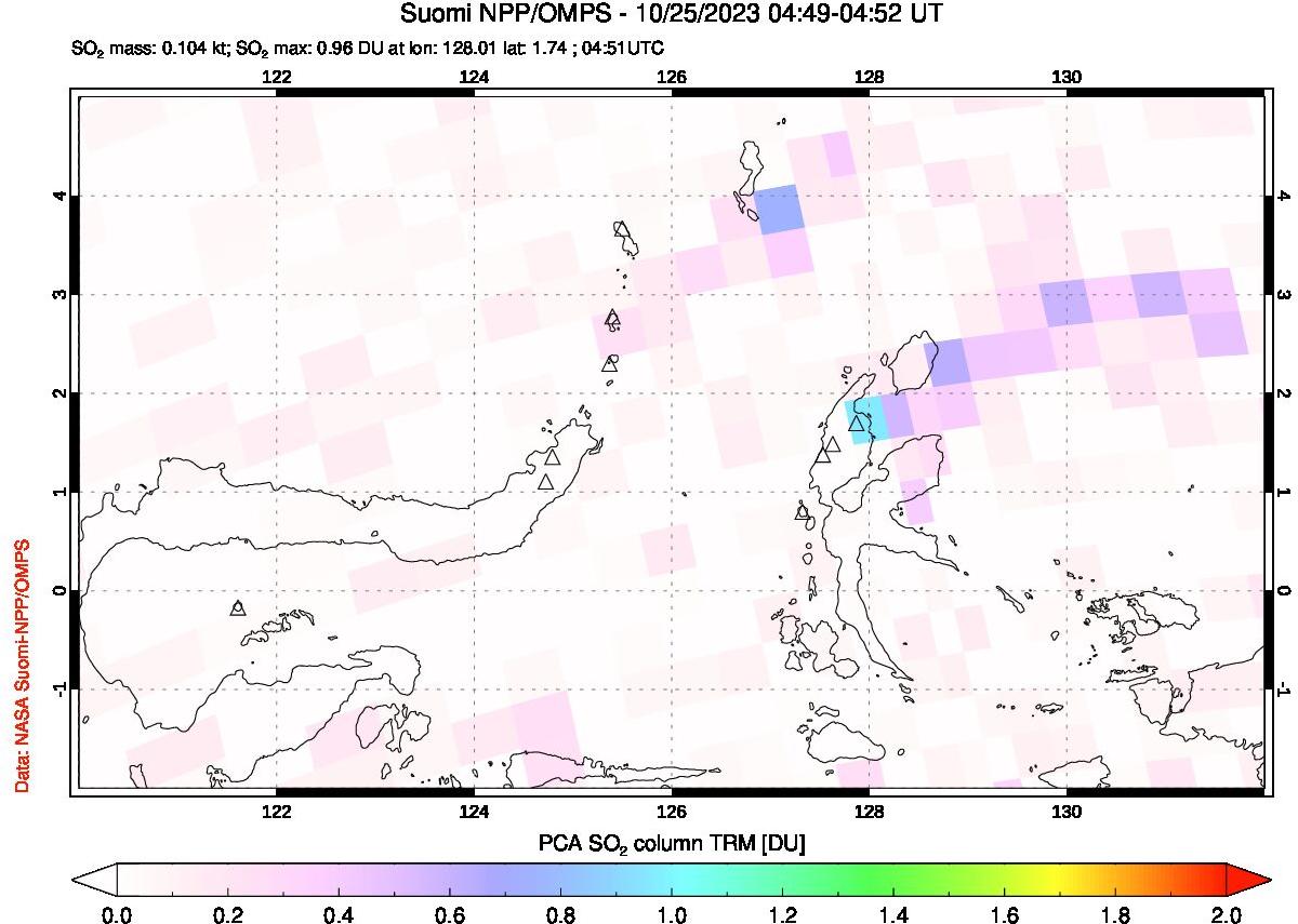 A sulfur dioxide image over Northern Sulawesi & Halmahera, Indonesia on Oct 25, 2023.