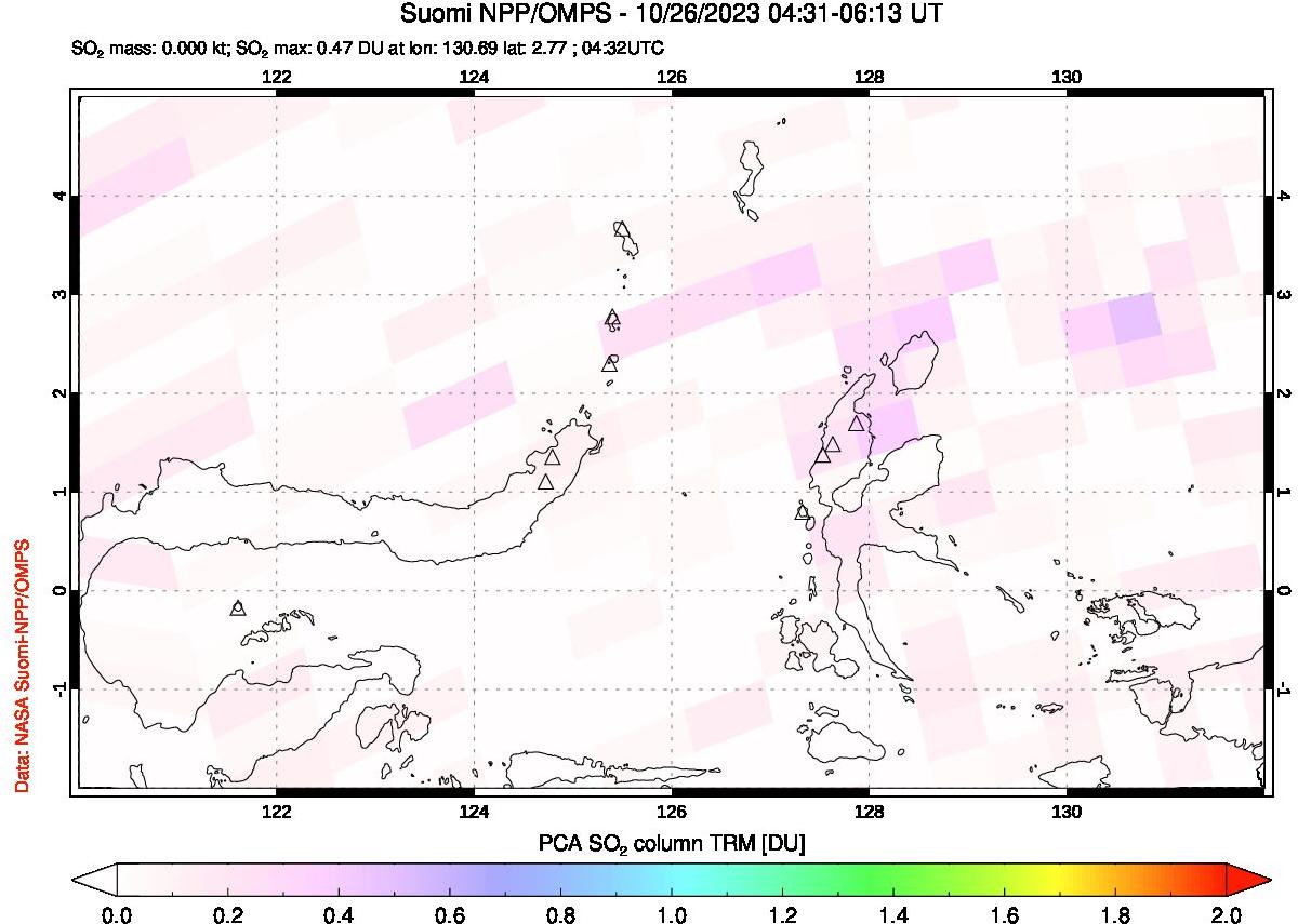 A sulfur dioxide image over Northern Sulawesi & Halmahera, Indonesia on Oct 26, 2023.