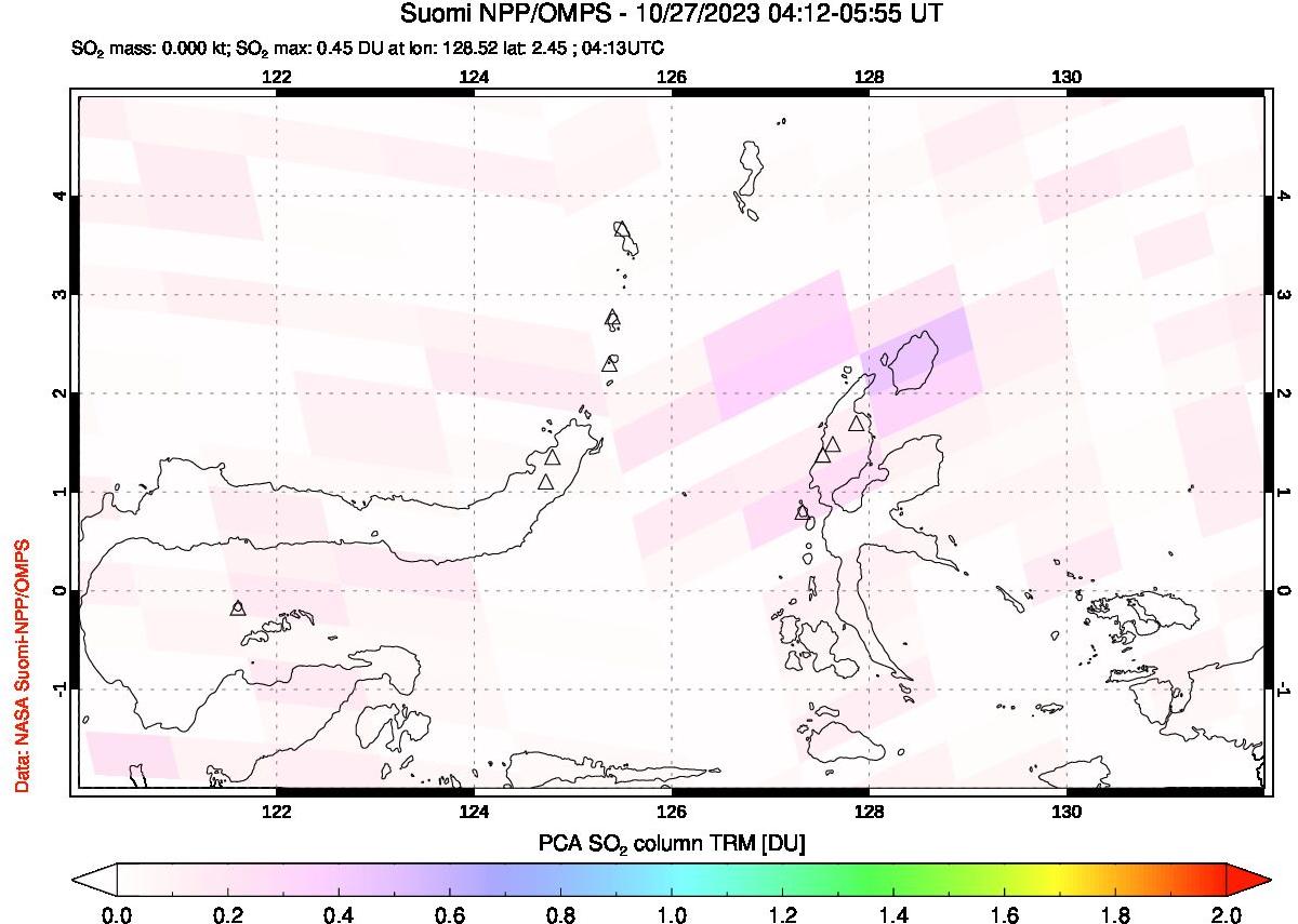 A sulfur dioxide image over Northern Sulawesi & Halmahera, Indonesia on Oct 27, 2023.