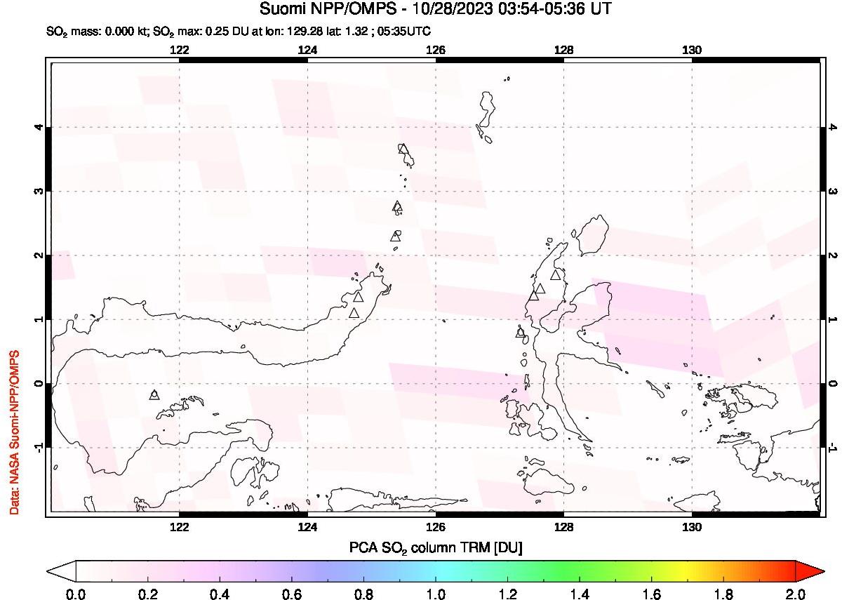 A sulfur dioxide image over Northern Sulawesi & Halmahera, Indonesia on Oct 28, 2023.