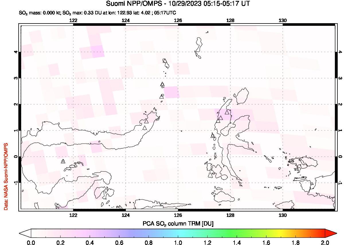 A sulfur dioxide image over Northern Sulawesi & Halmahera, Indonesia on Oct 29, 2023.