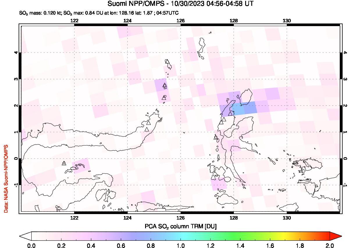 A sulfur dioxide image over Northern Sulawesi & Halmahera, Indonesia on Oct 30, 2023.