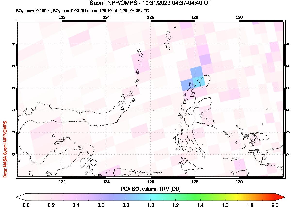 A sulfur dioxide image over Northern Sulawesi & Halmahera, Indonesia on Oct 31, 2023.