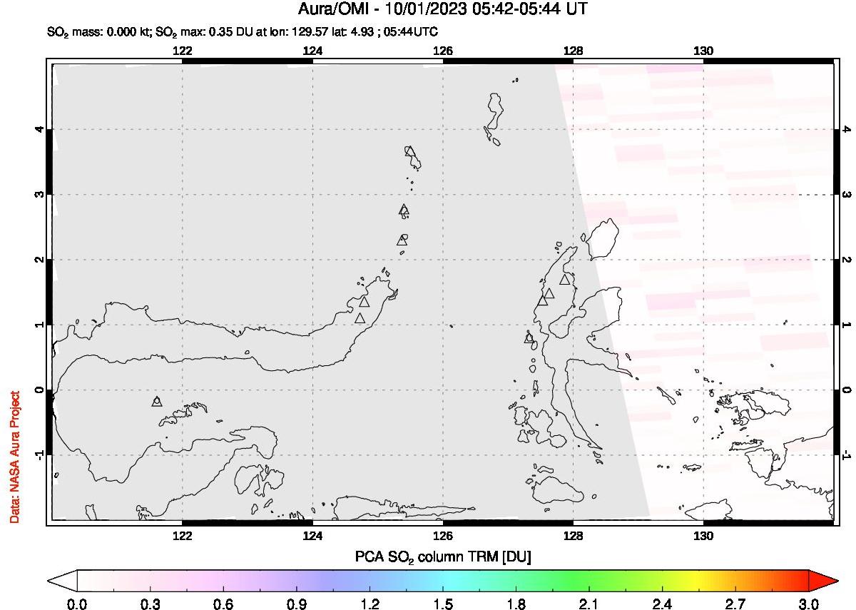 A sulfur dioxide image over Northern Sulawesi & Halmahera, Indonesia on Oct 01, 2023.