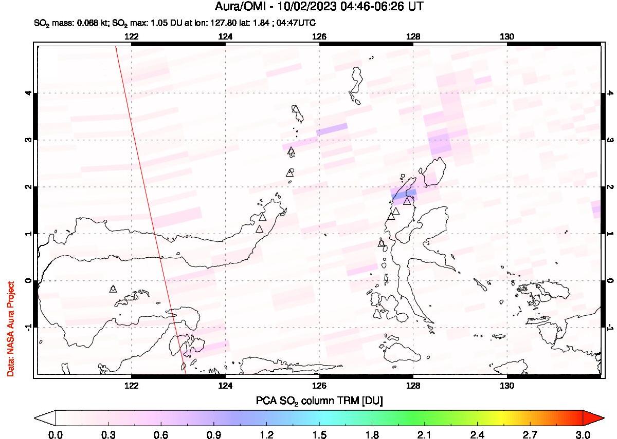 A sulfur dioxide image over Northern Sulawesi & Halmahera, Indonesia on Oct 02, 2023.