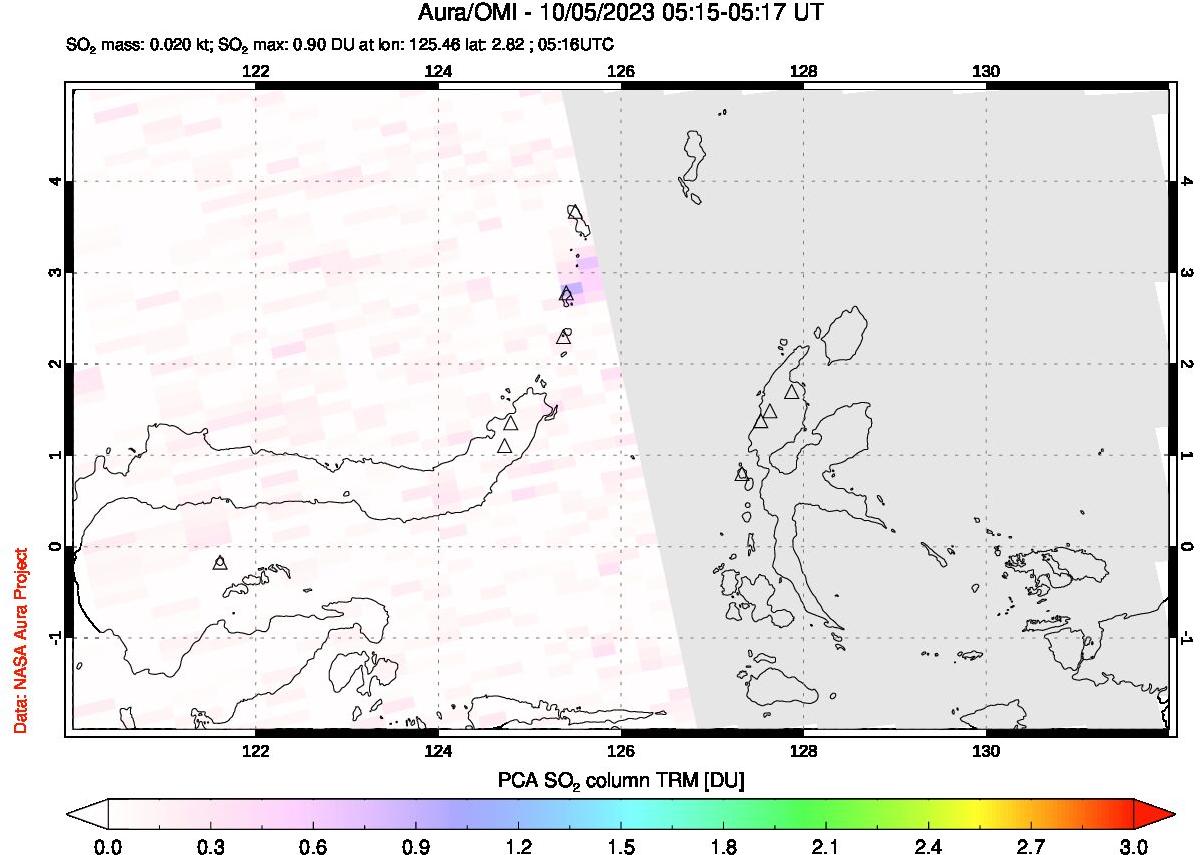 A sulfur dioxide image over Northern Sulawesi & Halmahera, Indonesia on Oct 05, 2023.