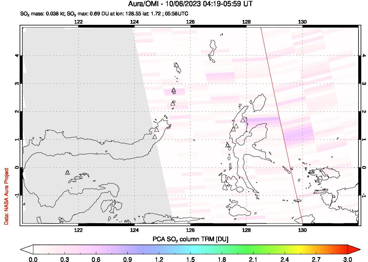 A sulfur dioxide image over Northern Sulawesi & Halmahera, Indonesia on Oct 06, 2023.