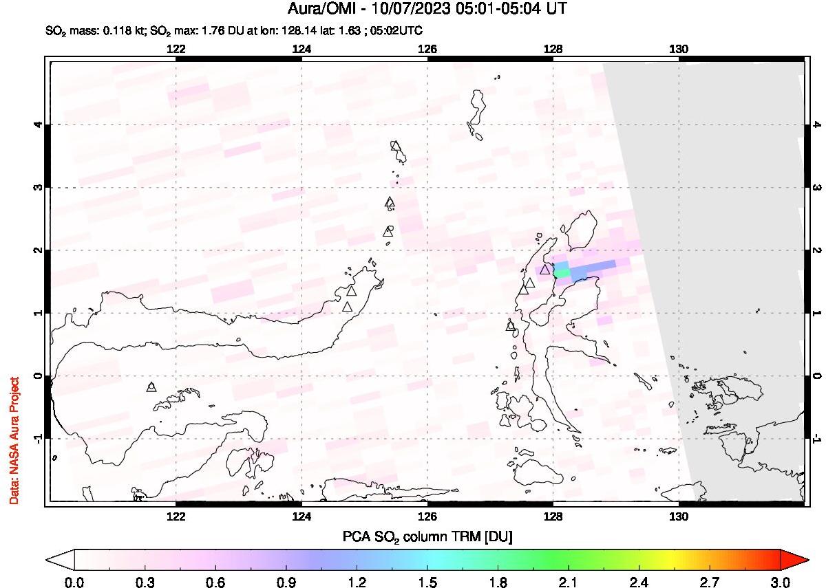 A sulfur dioxide image over Northern Sulawesi & Halmahera, Indonesia on Oct 07, 2023.