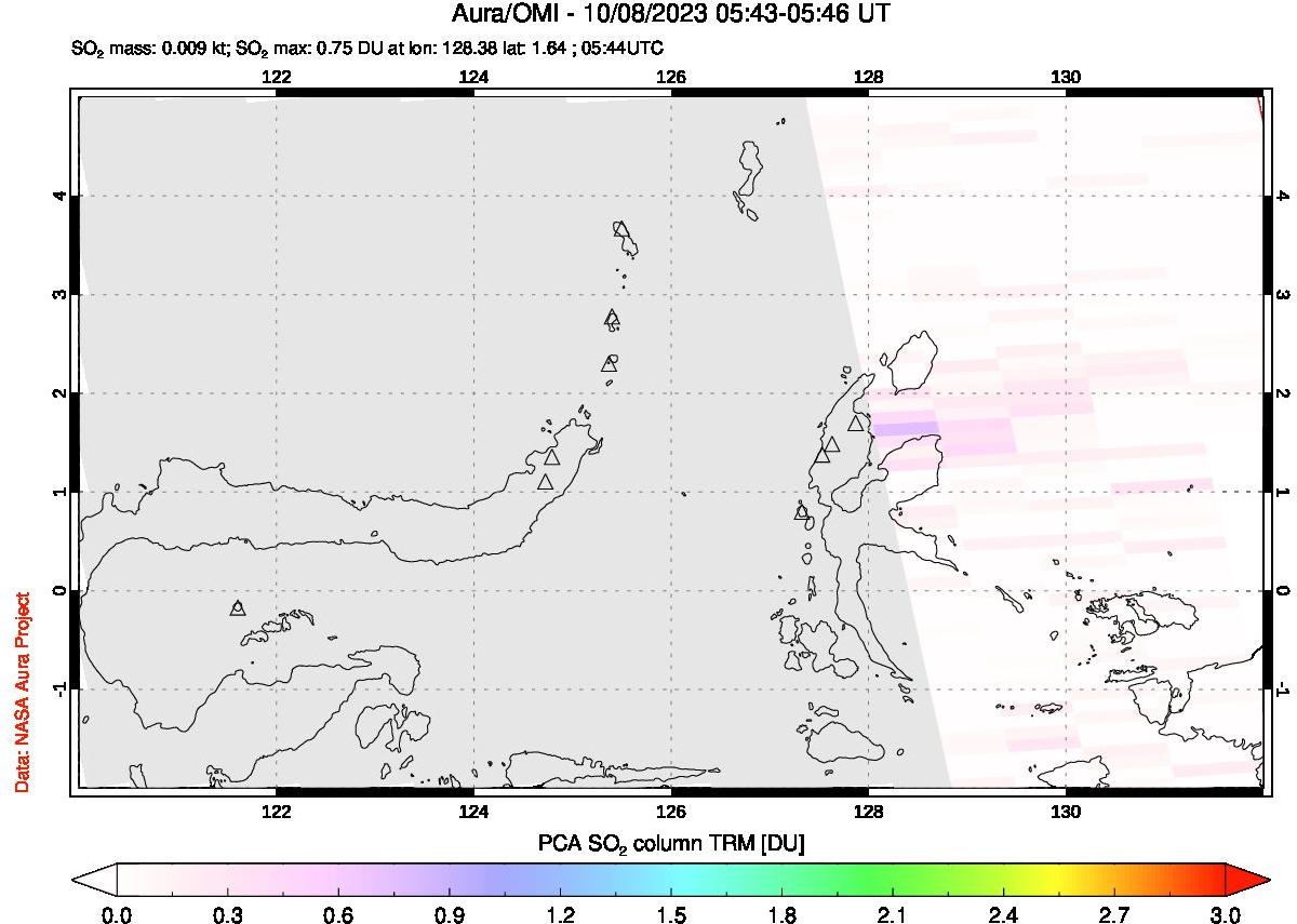 A sulfur dioxide image over Northern Sulawesi & Halmahera, Indonesia on Oct 08, 2023.