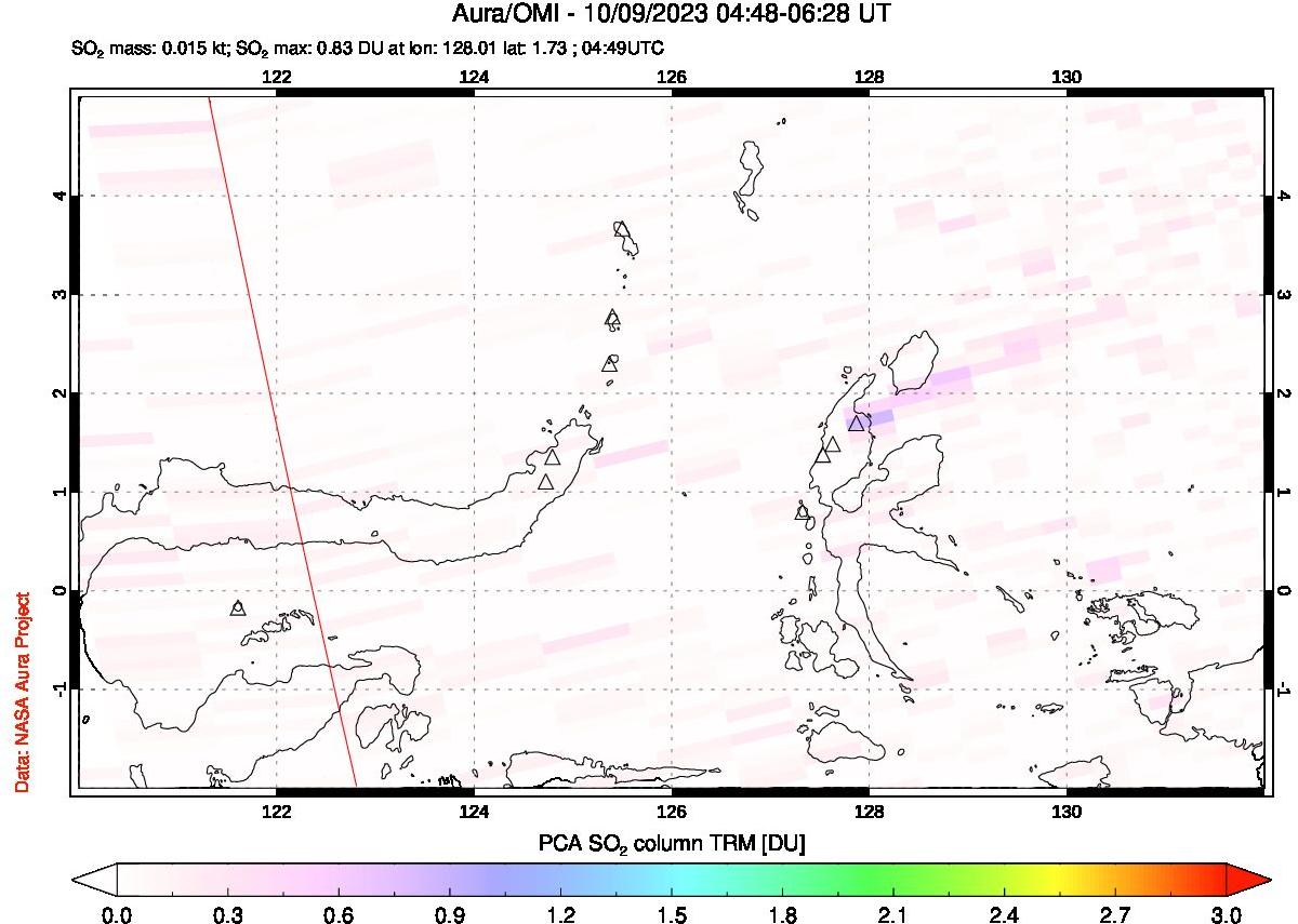 A sulfur dioxide image over Northern Sulawesi & Halmahera, Indonesia on Oct 09, 2023.