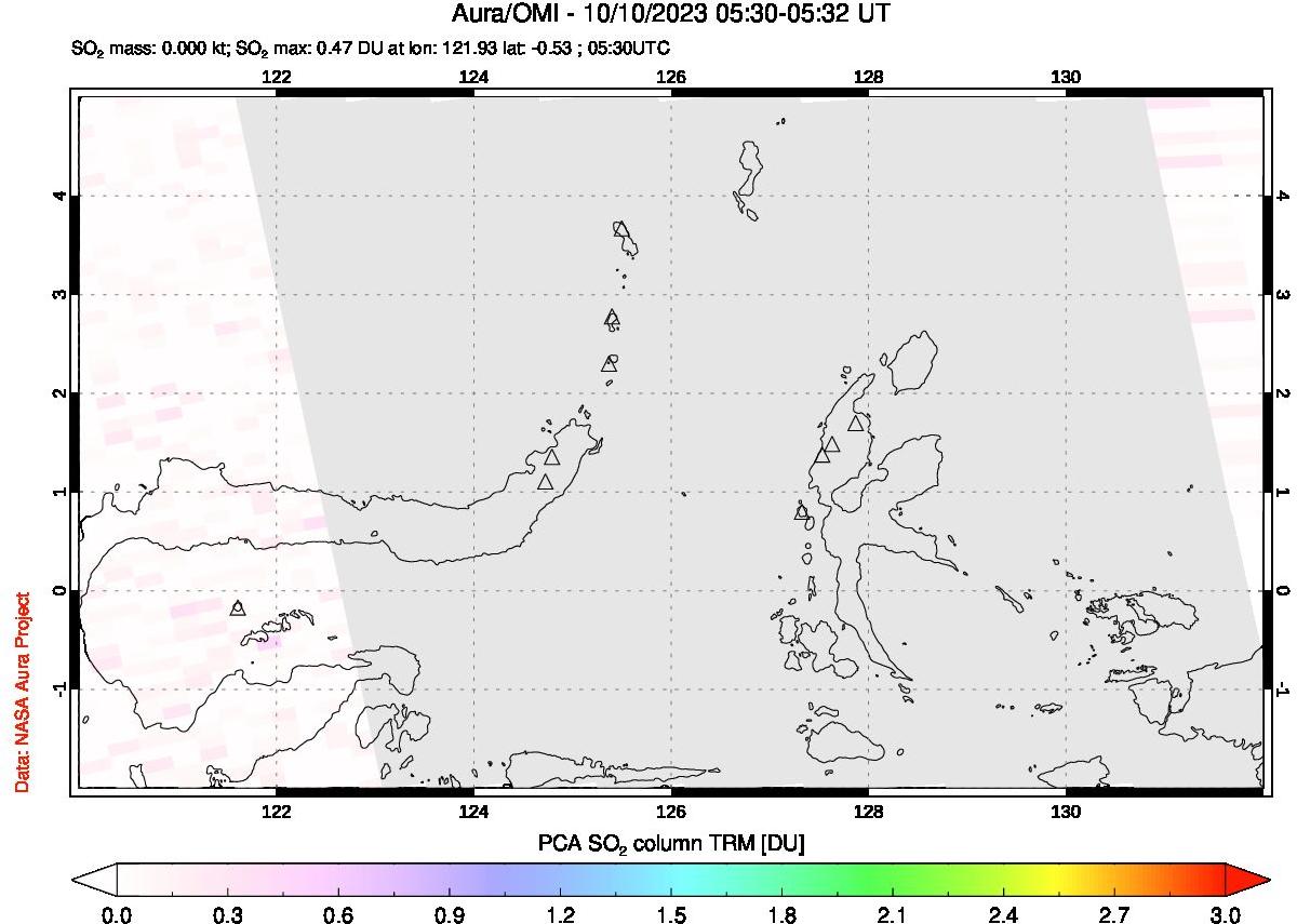 A sulfur dioxide image over Northern Sulawesi & Halmahera, Indonesia on Oct 10, 2023.