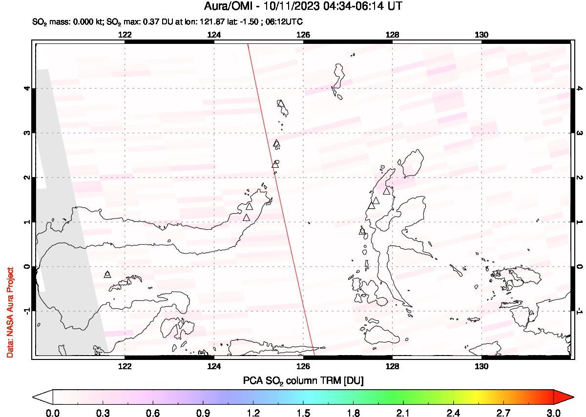 A sulfur dioxide image over Northern Sulawesi & Halmahera, Indonesia on Oct 11, 2023.