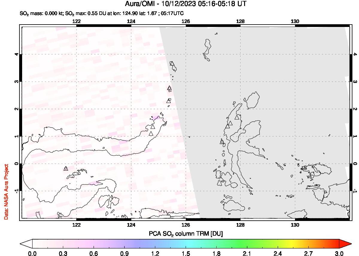 A sulfur dioxide image over Northern Sulawesi & Halmahera, Indonesia on Oct 12, 2023.