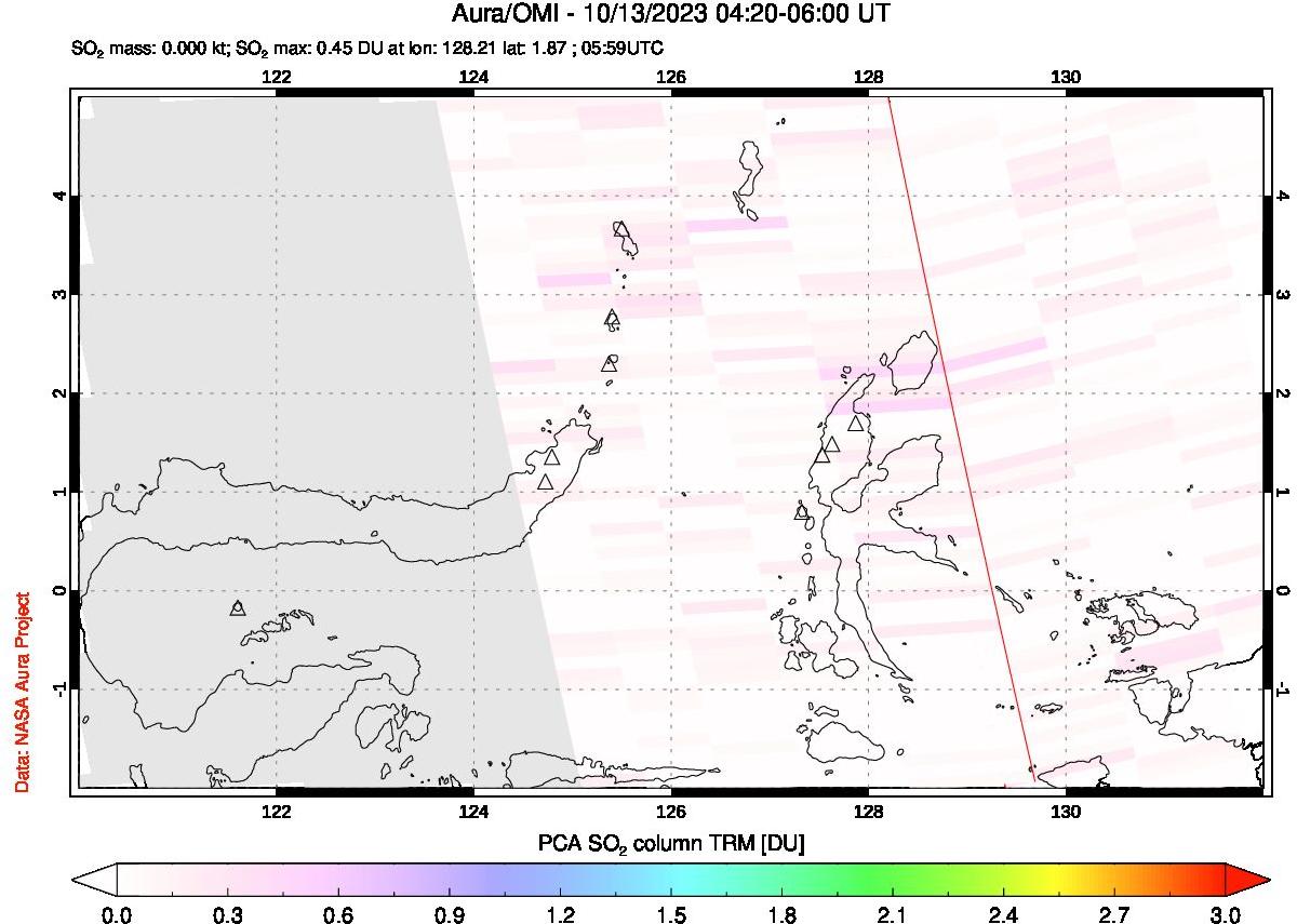 A sulfur dioxide image over Northern Sulawesi & Halmahera, Indonesia on Oct 13, 2023.