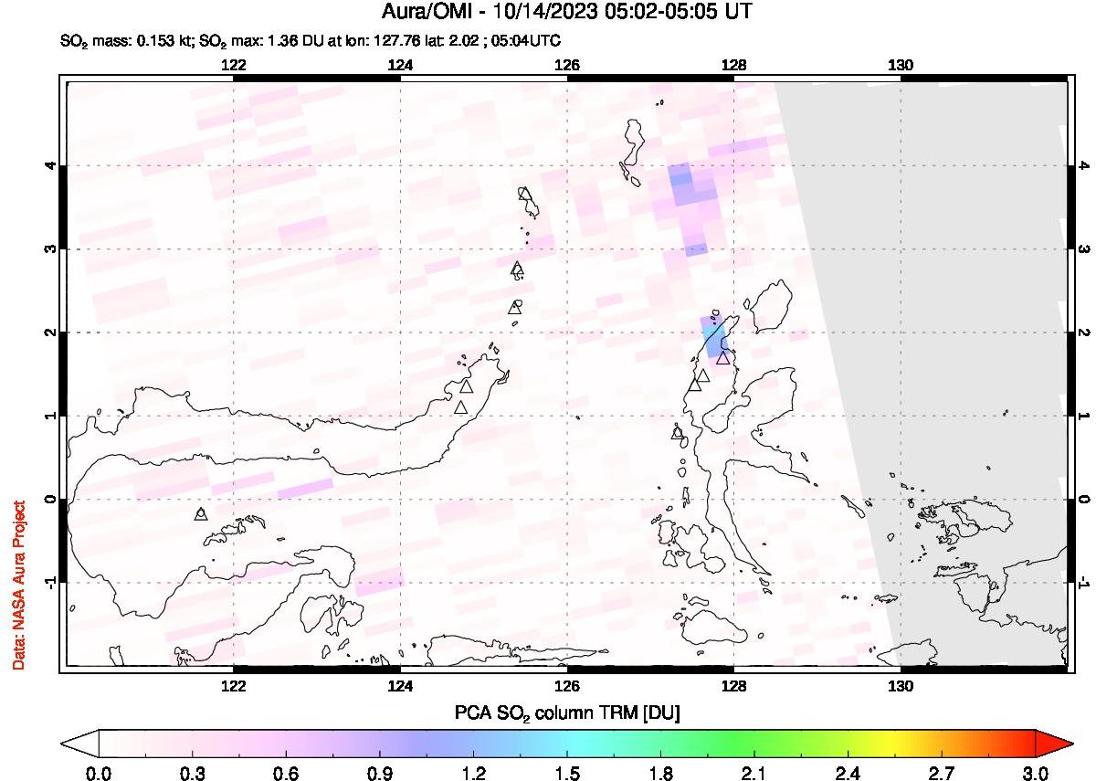 A sulfur dioxide image over Northern Sulawesi & Halmahera, Indonesia on Oct 14, 2023.