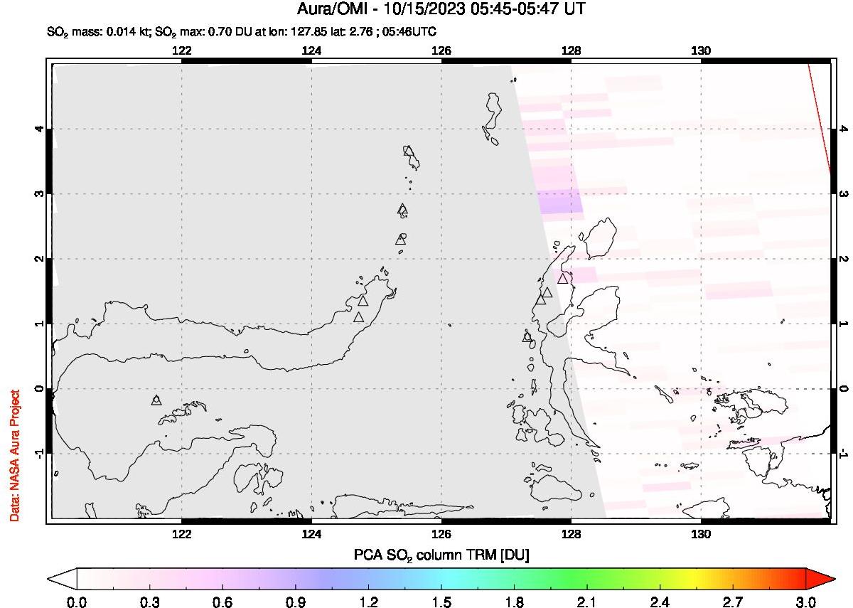 A sulfur dioxide image over Northern Sulawesi & Halmahera, Indonesia on Oct 15, 2023.