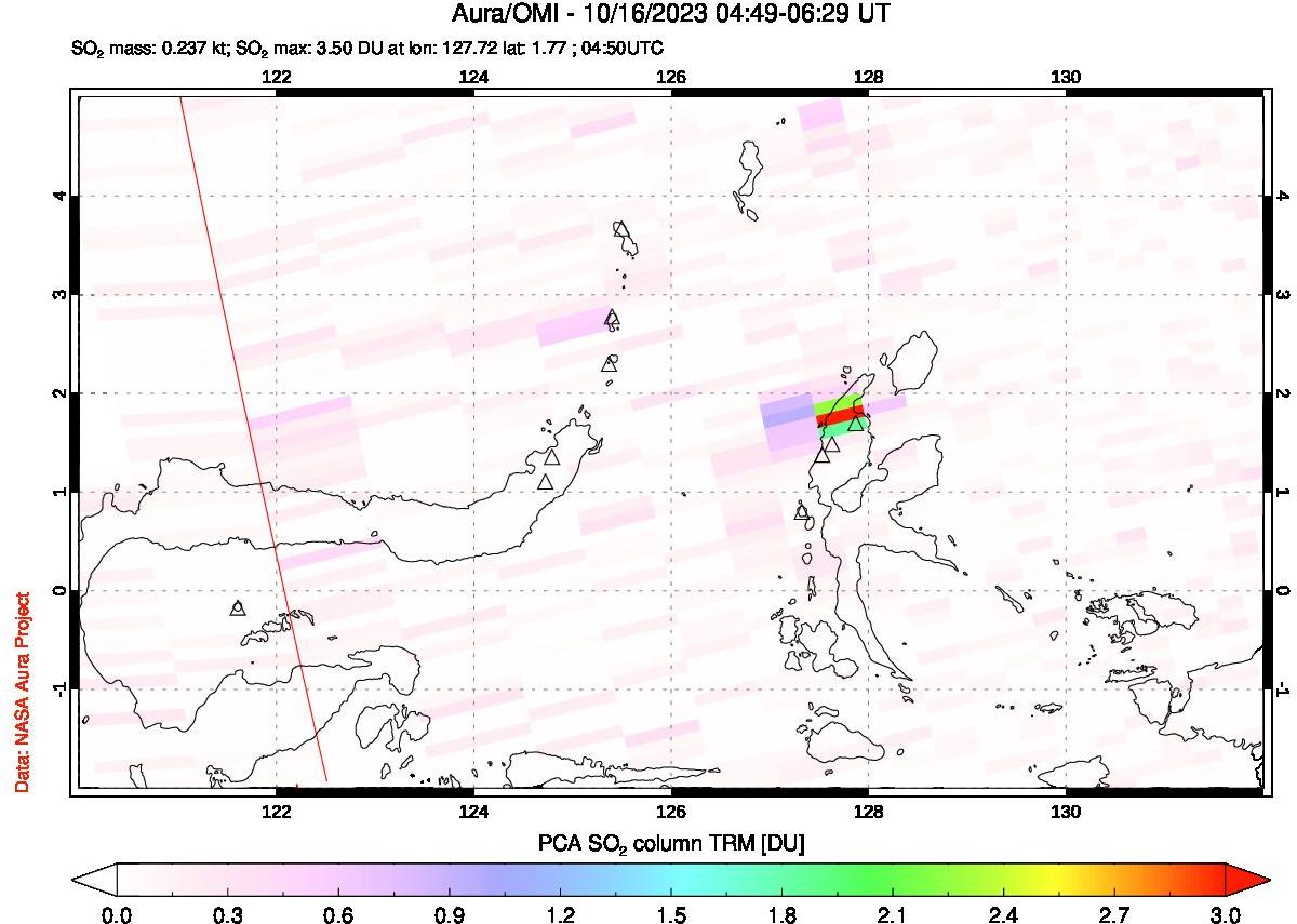 A sulfur dioxide image over Northern Sulawesi & Halmahera, Indonesia on Oct 16, 2023.