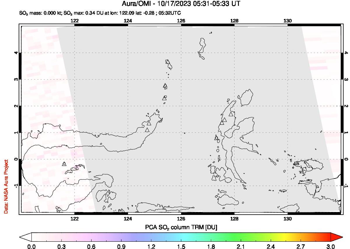 A sulfur dioxide image over Northern Sulawesi & Halmahera, Indonesia on Oct 17, 2023.