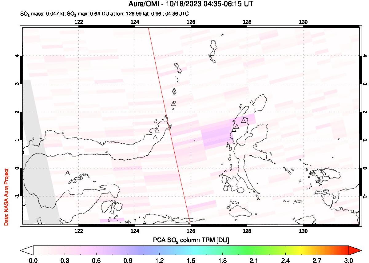 A sulfur dioxide image over Northern Sulawesi & Halmahera, Indonesia on Oct 18, 2023.