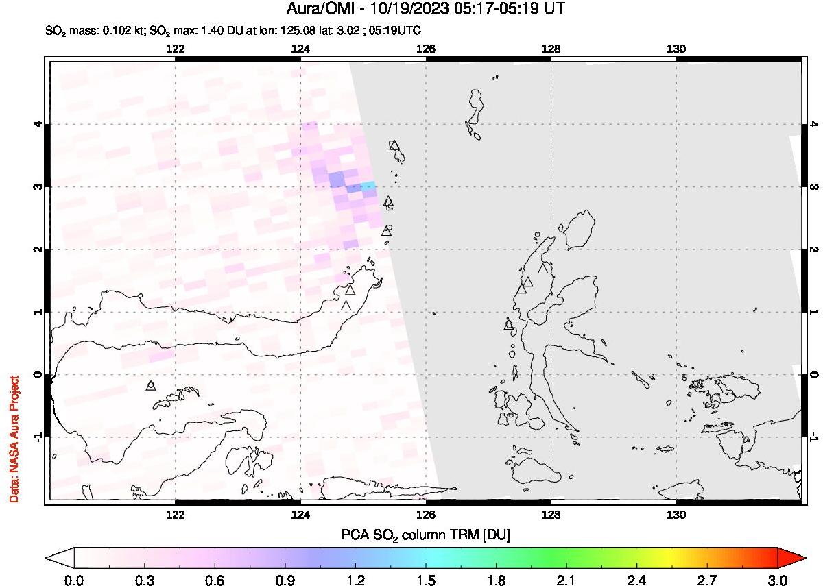 A sulfur dioxide image over Northern Sulawesi & Halmahera, Indonesia on Oct 19, 2023.