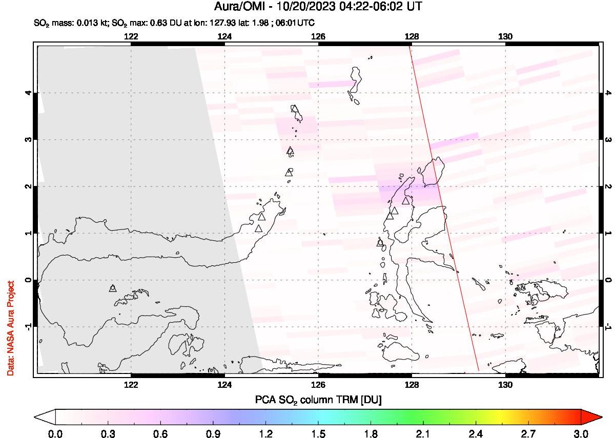 A sulfur dioxide image over Northern Sulawesi & Halmahera, Indonesia on Oct 20, 2023.