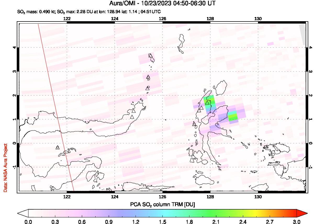 A sulfur dioxide image over Northern Sulawesi & Halmahera, Indonesia on Oct 23, 2023.