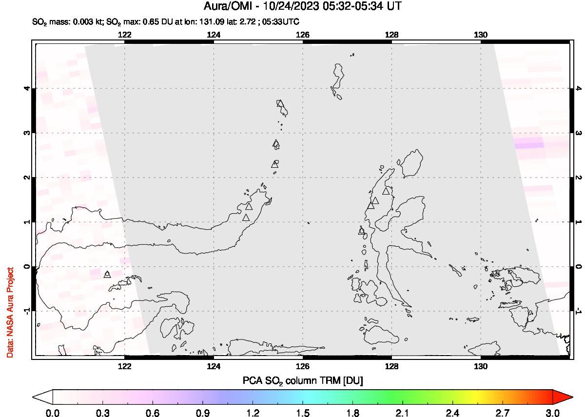 A sulfur dioxide image over Northern Sulawesi & Halmahera, Indonesia on Oct 24, 2023.