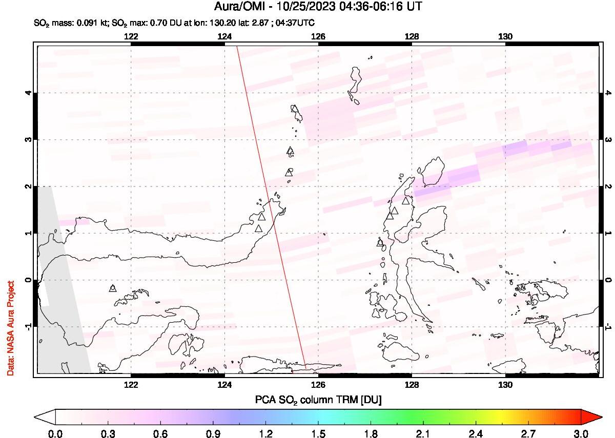 A sulfur dioxide image over Northern Sulawesi & Halmahera, Indonesia on Oct 25, 2023.