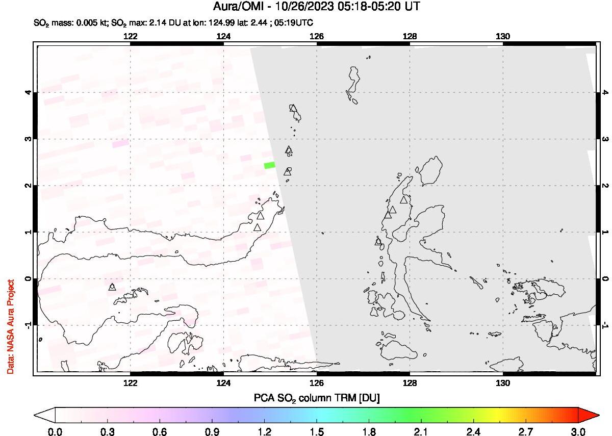 A sulfur dioxide image over Northern Sulawesi & Halmahera, Indonesia on Oct 26, 2023.