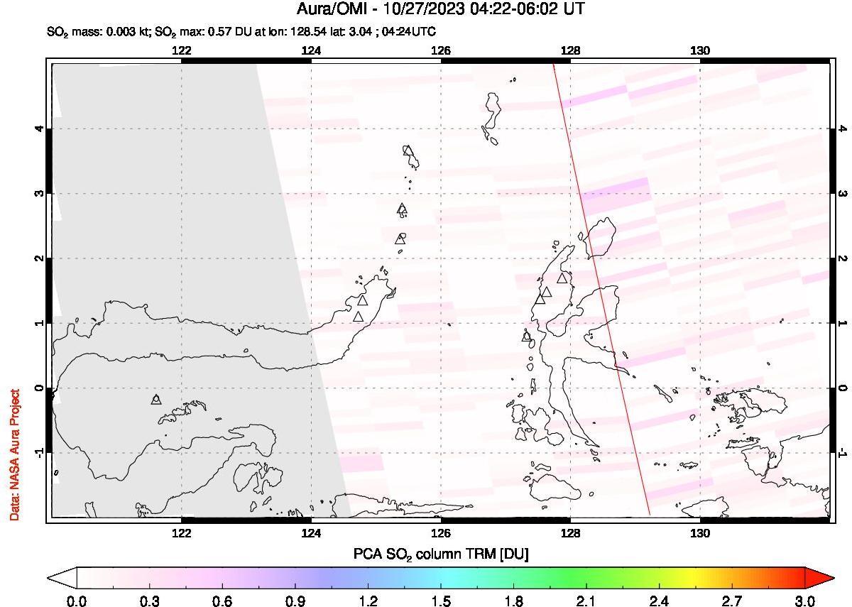 A sulfur dioxide image over Northern Sulawesi & Halmahera, Indonesia on Oct 27, 2023.