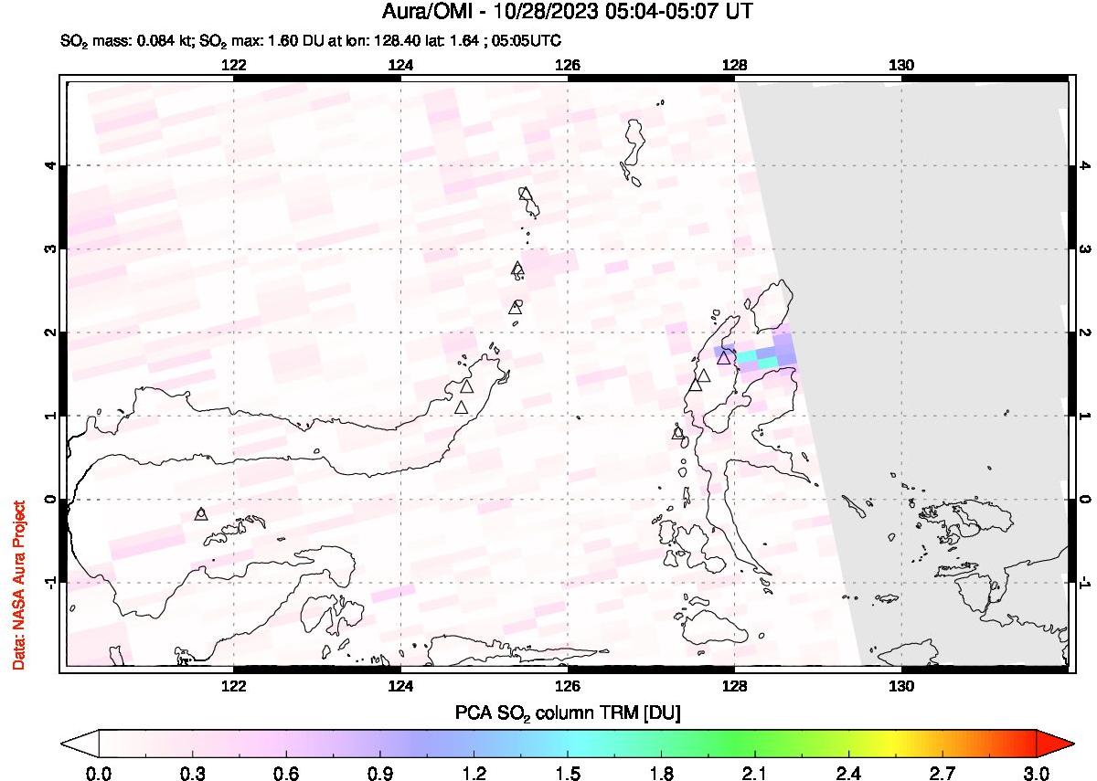 A sulfur dioxide image over Northern Sulawesi & Halmahera, Indonesia on Oct 28, 2023.