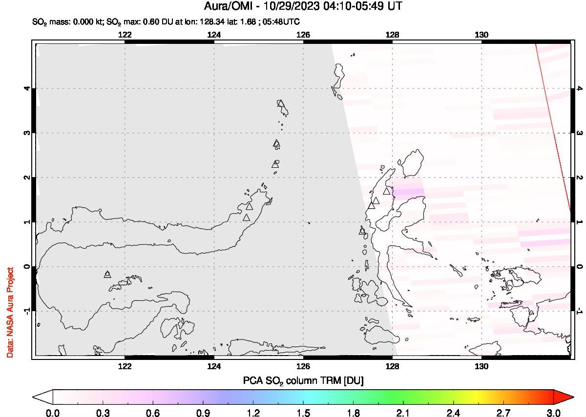 A sulfur dioxide image over Northern Sulawesi & Halmahera, Indonesia on Oct 29, 2023.