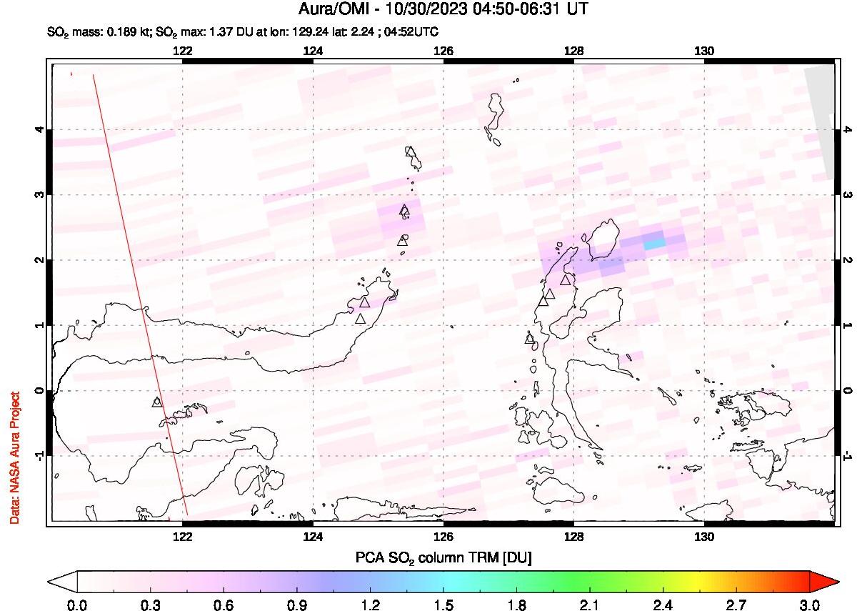 A sulfur dioxide image over Northern Sulawesi & Halmahera, Indonesia on Oct 30, 2023.