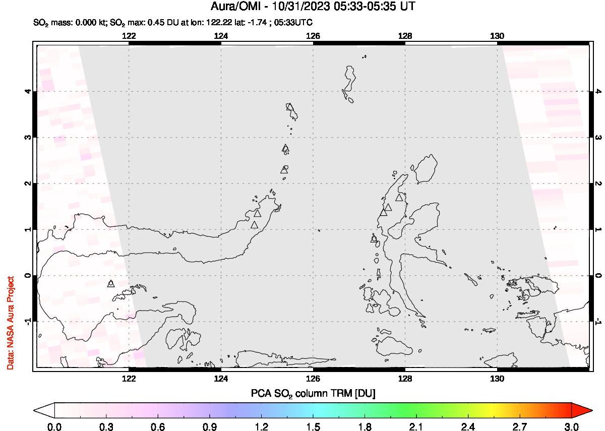 A sulfur dioxide image over Northern Sulawesi & Halmahera, Indonesia on Oct 31, 2023.